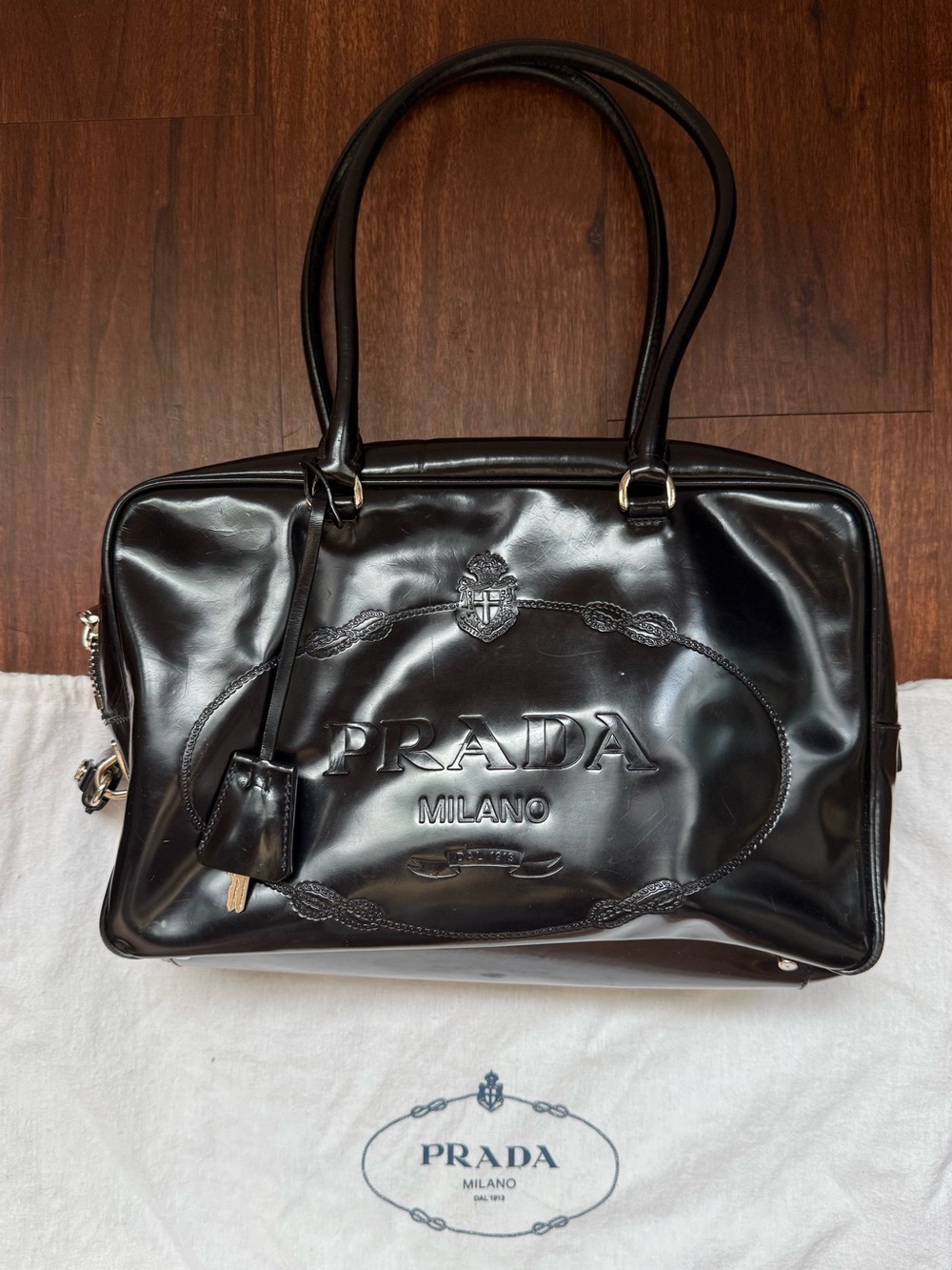 Prada Vintage Leather Embossed Logo Bowler Satchel Shoulder Bag Black